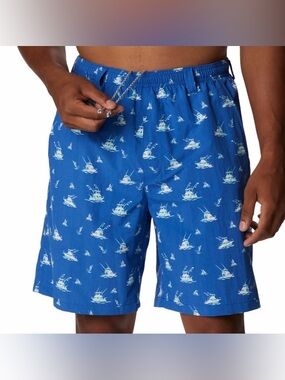 NWT Columbia PFG Super Backcast Water Swim Shorts S Blue Boat Print Drawstring
